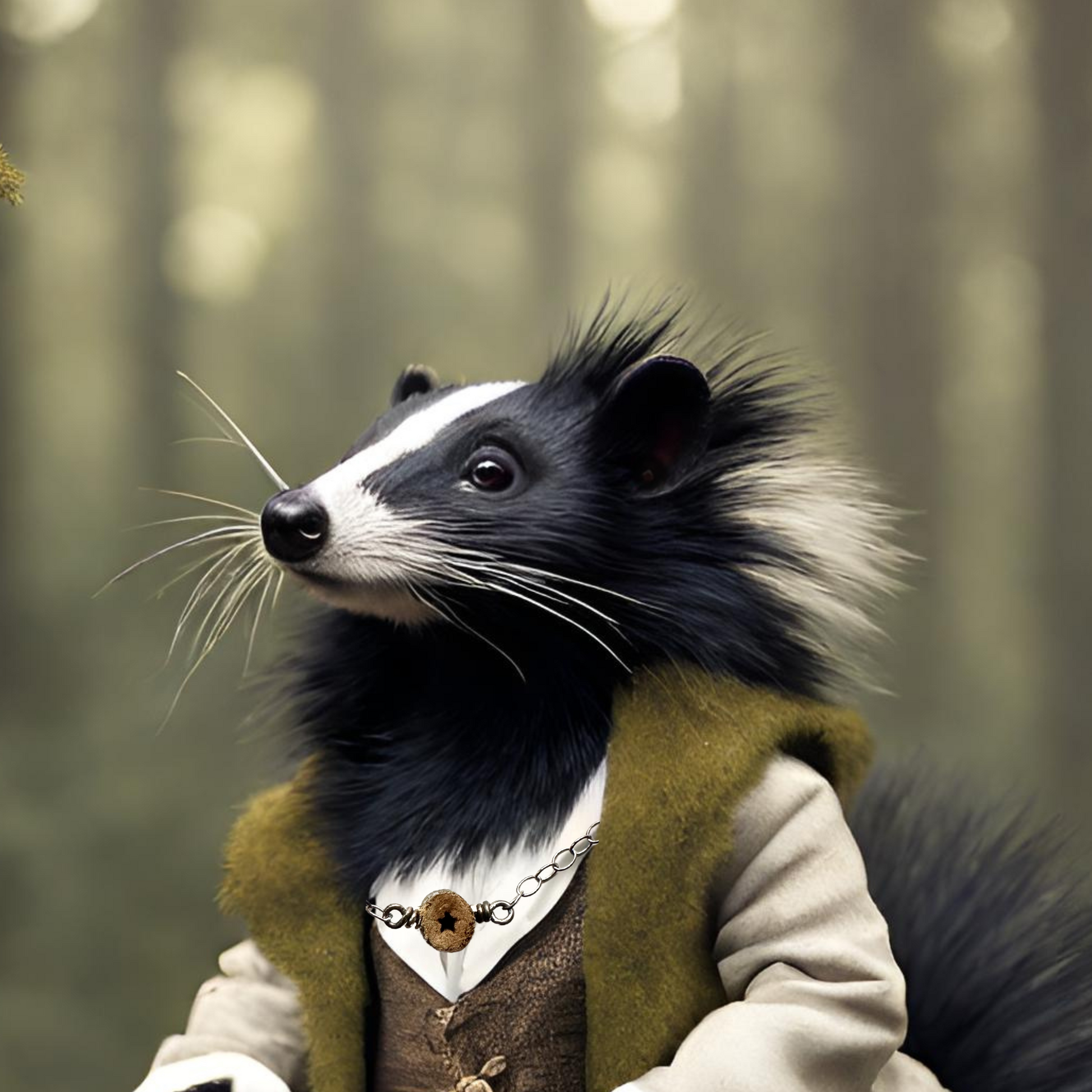 Handsome skunk in enchanted forest wearing green vintage garb and Pith and Pine Star sterling silver necklace 