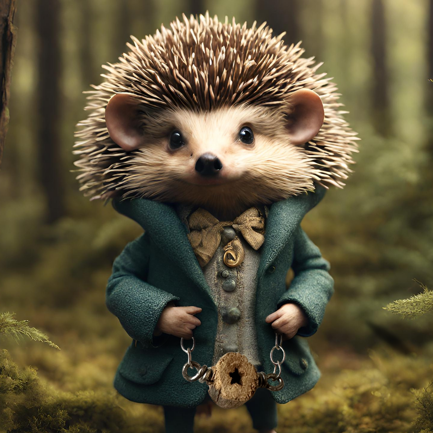 Best gift March 2024. Naturally occurring star necklace with sterling silver chain held by hedgehog dressed to impress in cozy classy vintage